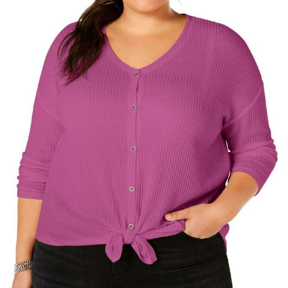 Style & Co Purple Waffle Knit Tie Front Thermal Shirt Plus Size 1X NWT